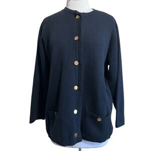 Vintage 1950s Women's Large Joyce Navy Blue Cardigan Sweater Gold Button Modest
